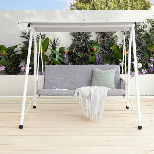[Hometech] Serela 3-Seater Outdoor Swing Chair, White Steel Frame with Grey Cushions
