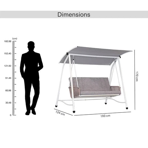 [Hometech] Serela 3-Seater Outdoor Swing Chair, White Steel Frame with Grey Cushions